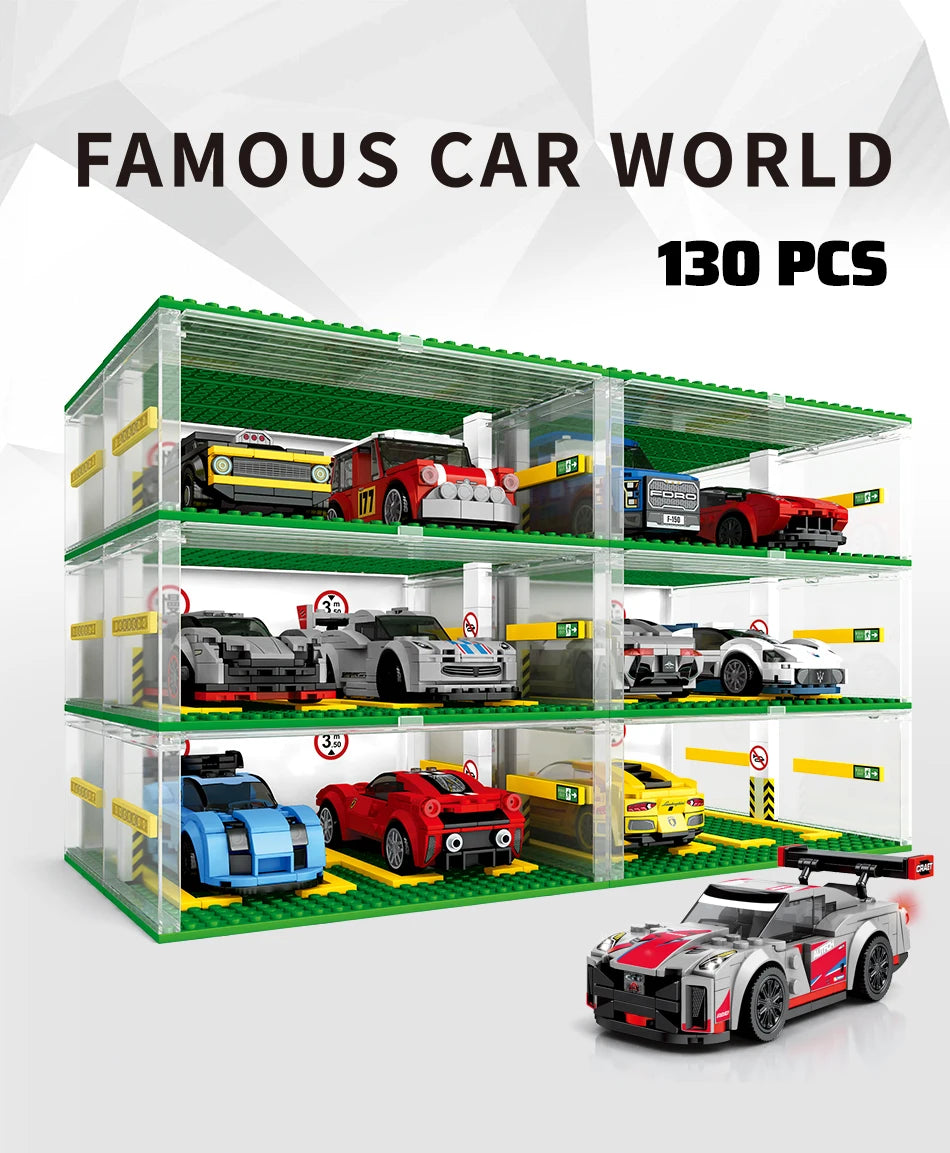 City Speed Champions Sports Cars Garage Building Blocks MOC Supercar Racing Parking Lot DIY Vehicle Storage Box Bricks Kids Toys